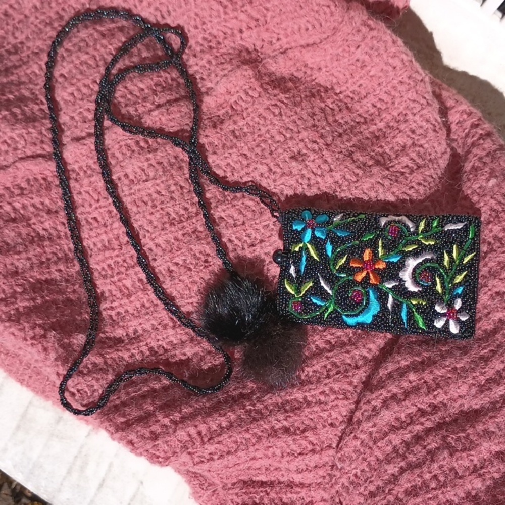 Vintage Tiny Beaded Pouch & Fur Balls